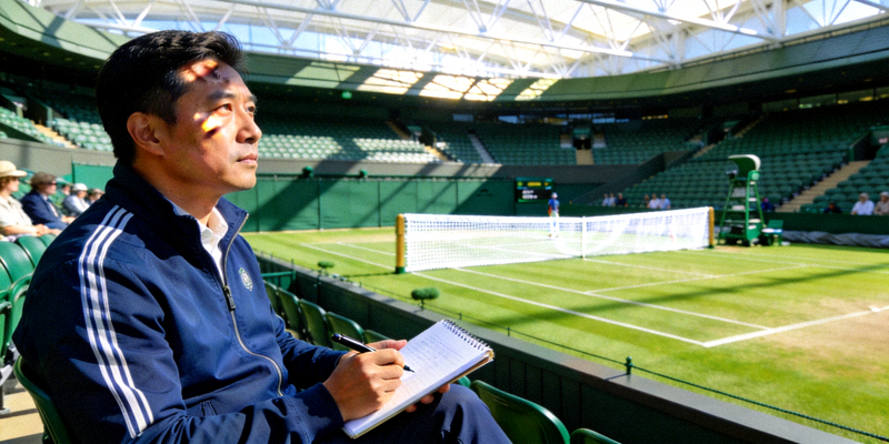 网球专家王明在温网现场观察比赛